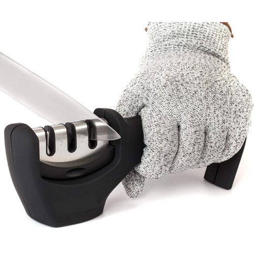 3-stage knife sharpener with cut-resistant glove
