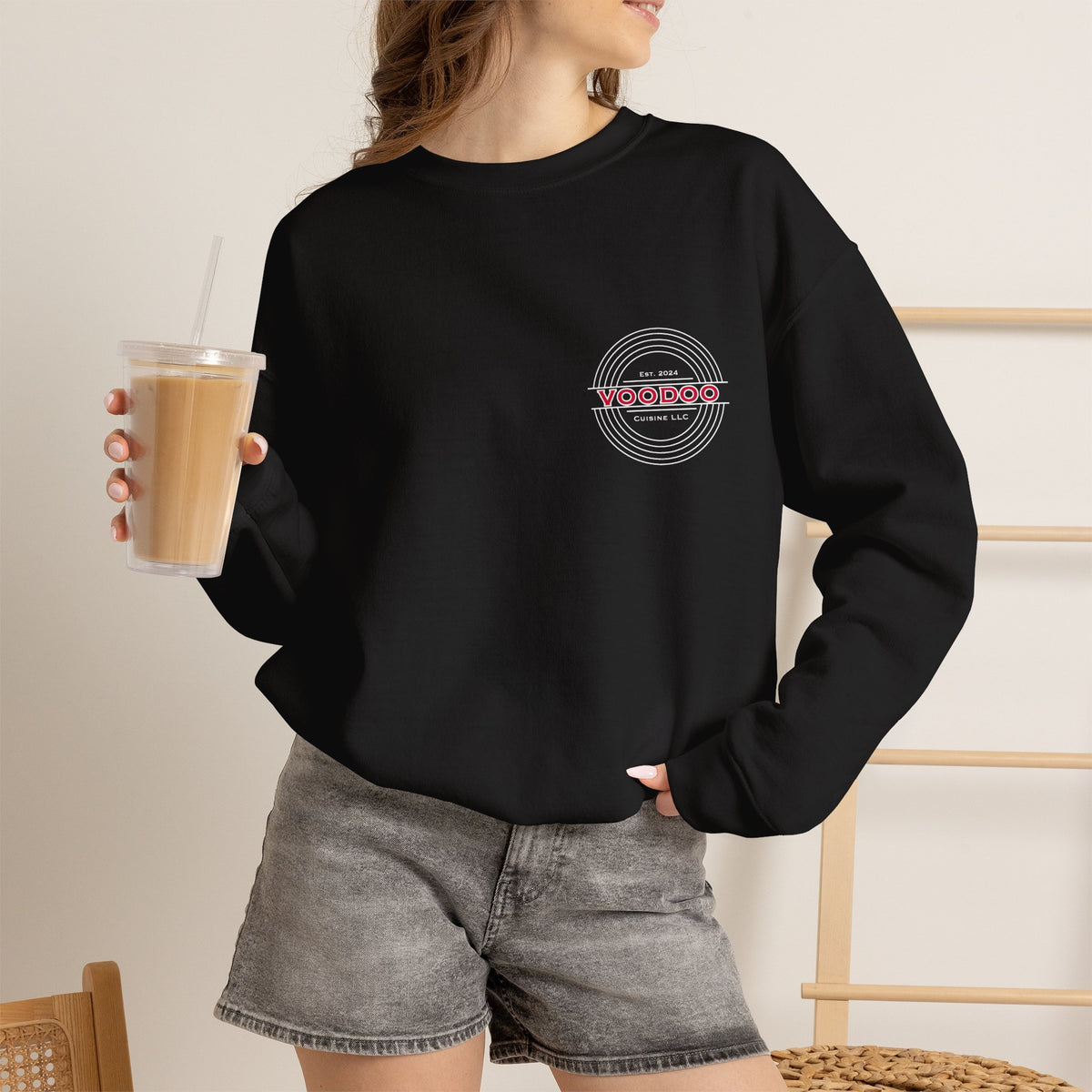 Voodoo Cuisine Everyday | Left-Chest A + Full-Back C Crewneck (Black)
