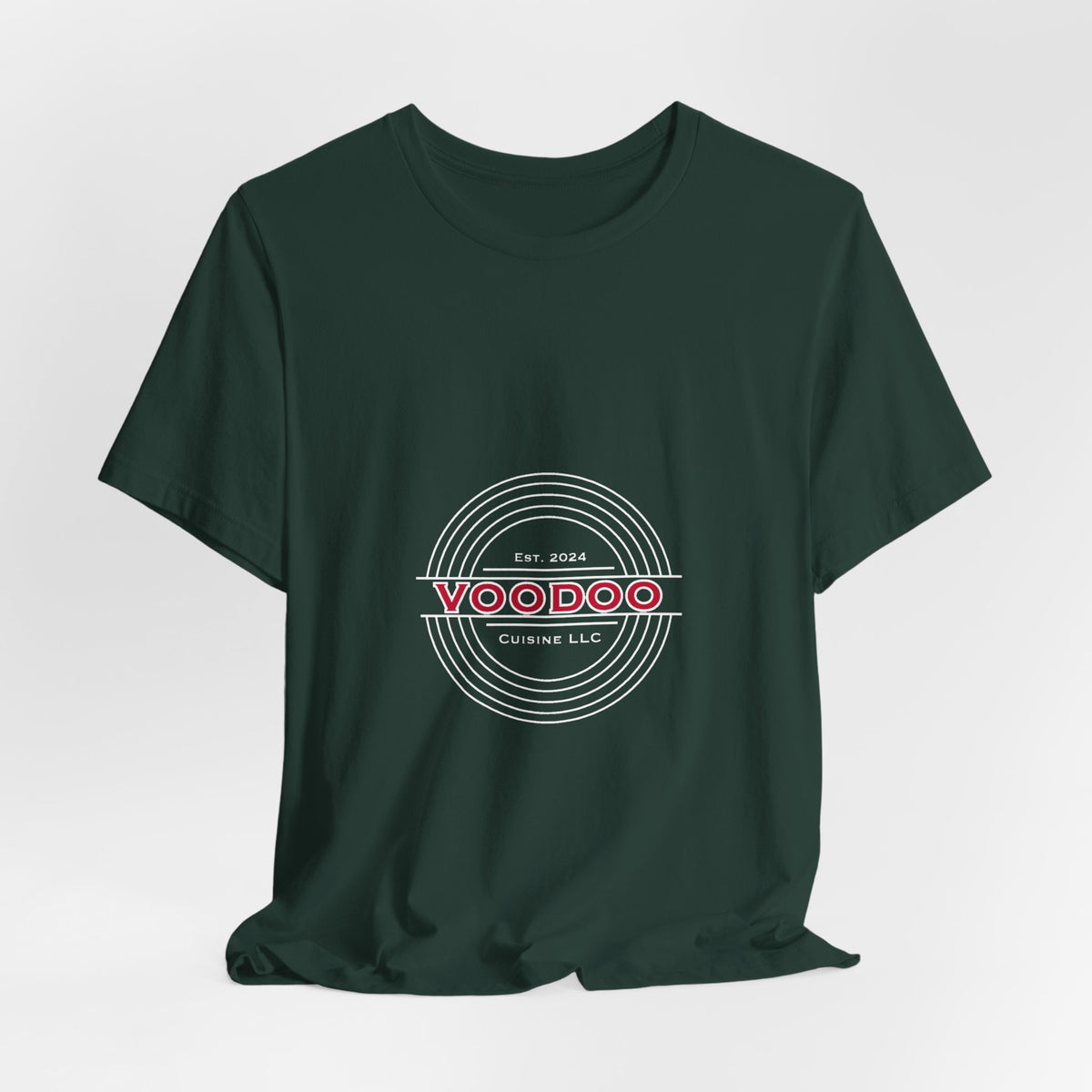 Voodoo Cuisine Everyday Tee — Left Chest Logo (Navy / Dark Grey / Forest / Maroon)