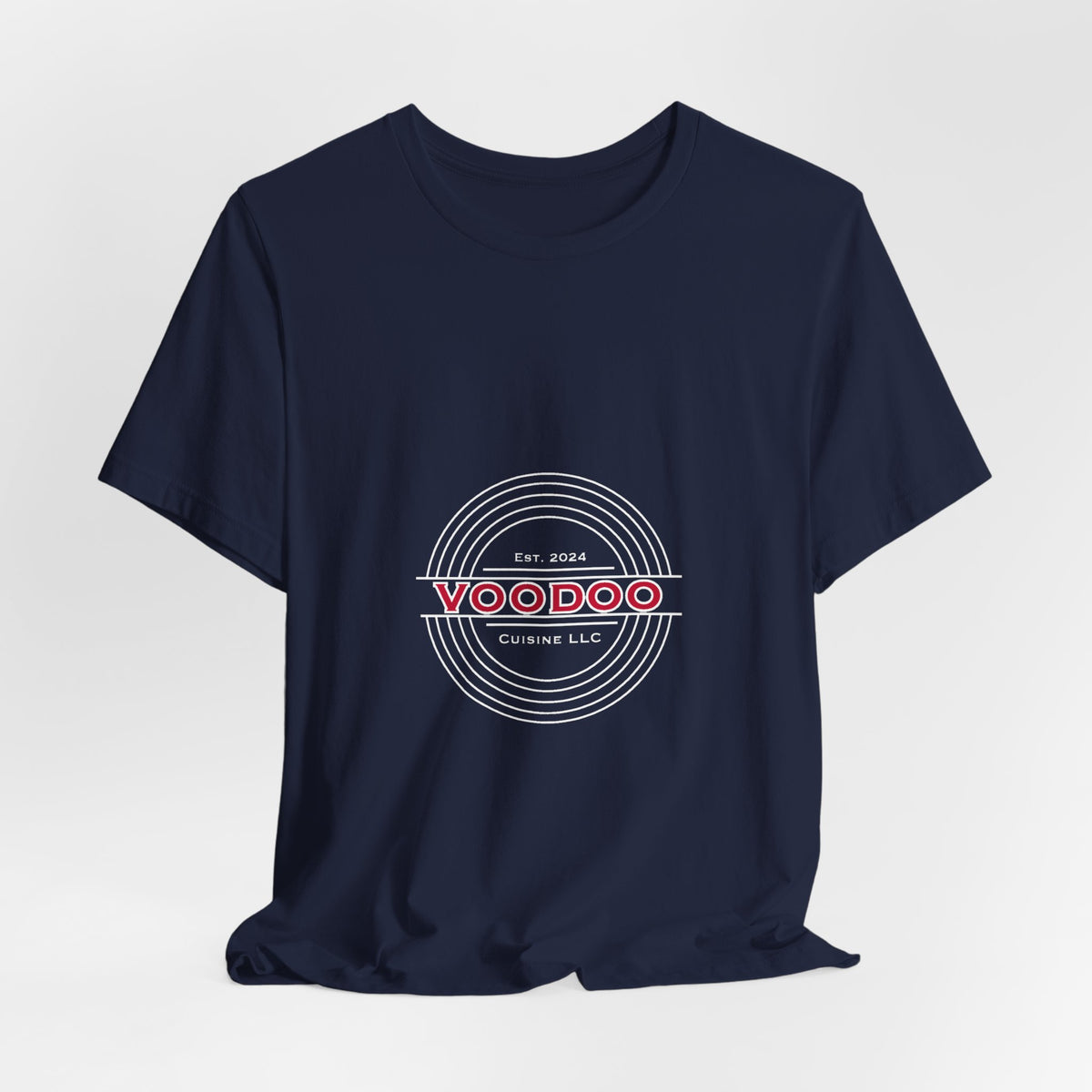 Voodoo Cuisine Everyday Tee — Left Chest Logo (Navy / Dark Grey / Forest / Maroon)