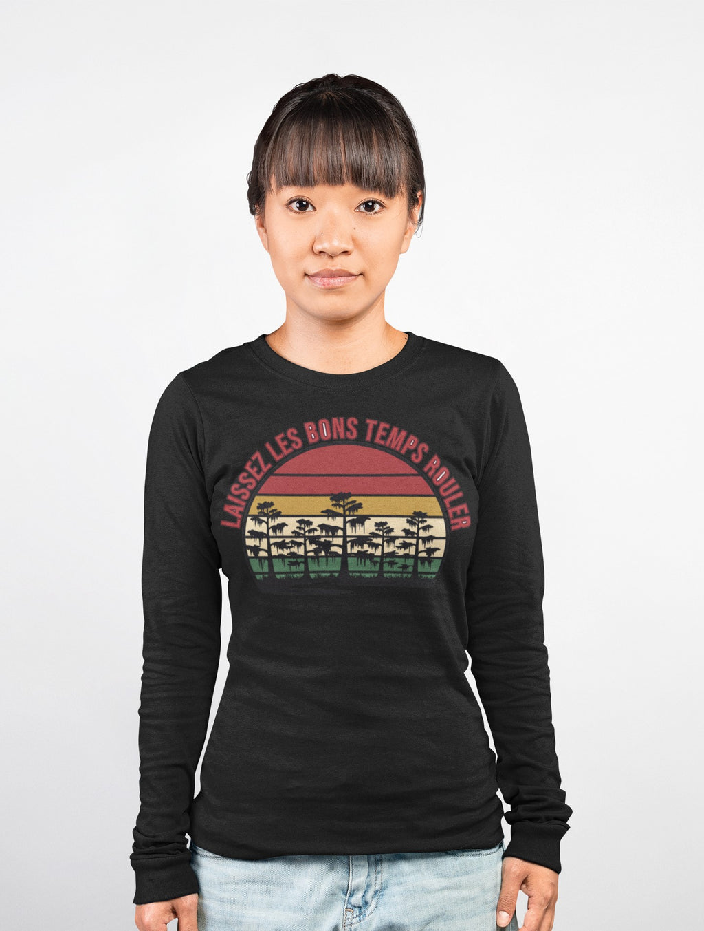 Cajun Long Sleeve Tee Laissez les Bons Temps Rouler Retro Sunset Seal – Voodoo Cuisine