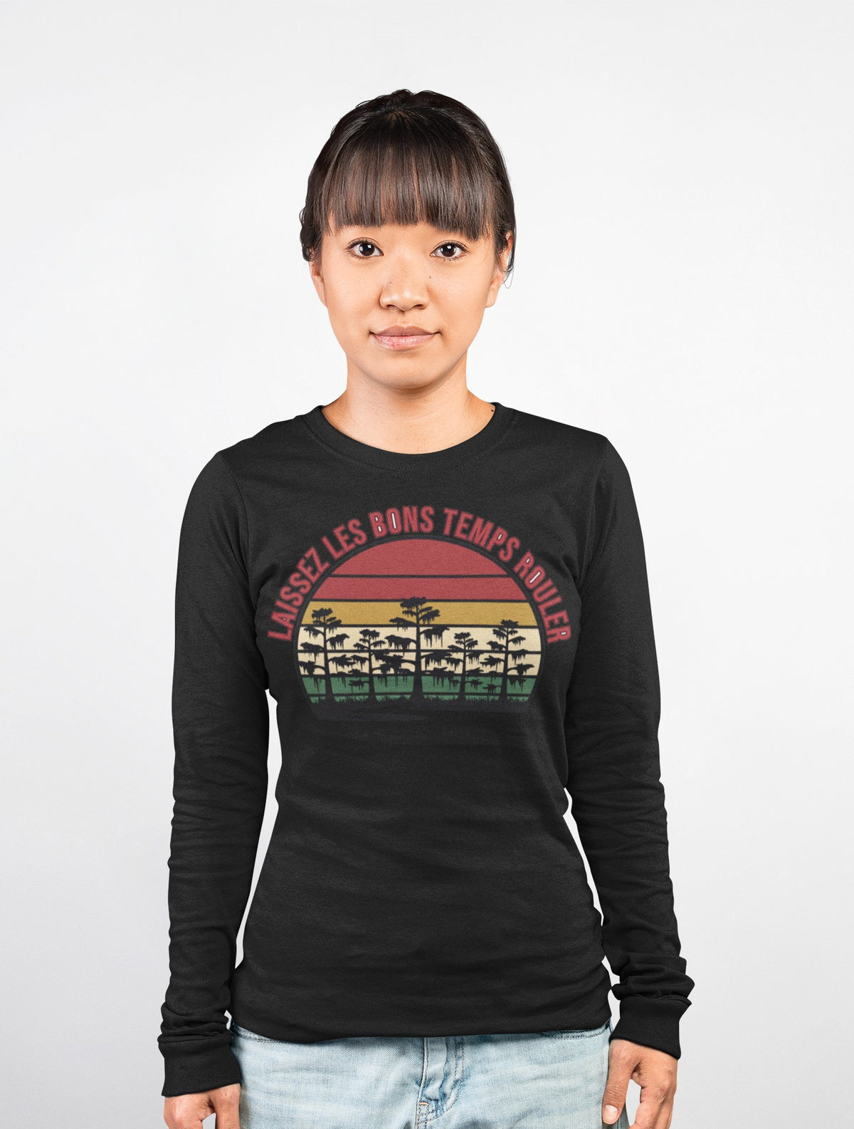 Cajun Long Sleeve Tee Laissez les Bons Temps Rouler Retro Sunset Seal – Voodoo Cuisine