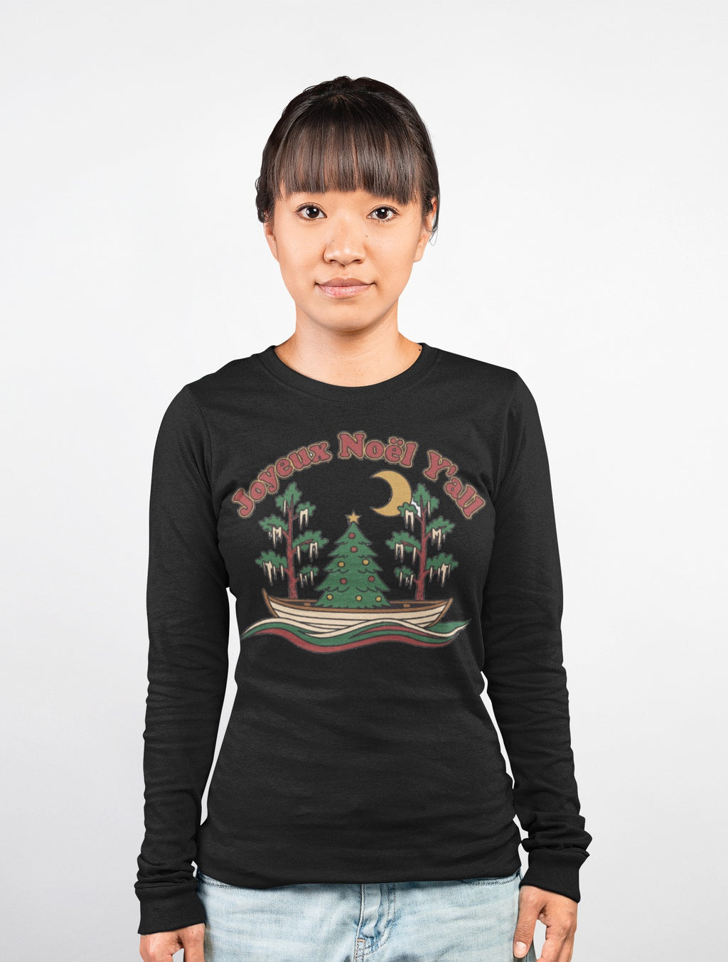 Christmas Long Sleeve Tee Joyeux Noel Y'all Bayou Pirogue Tree – Cajun Voodoo Cuisine