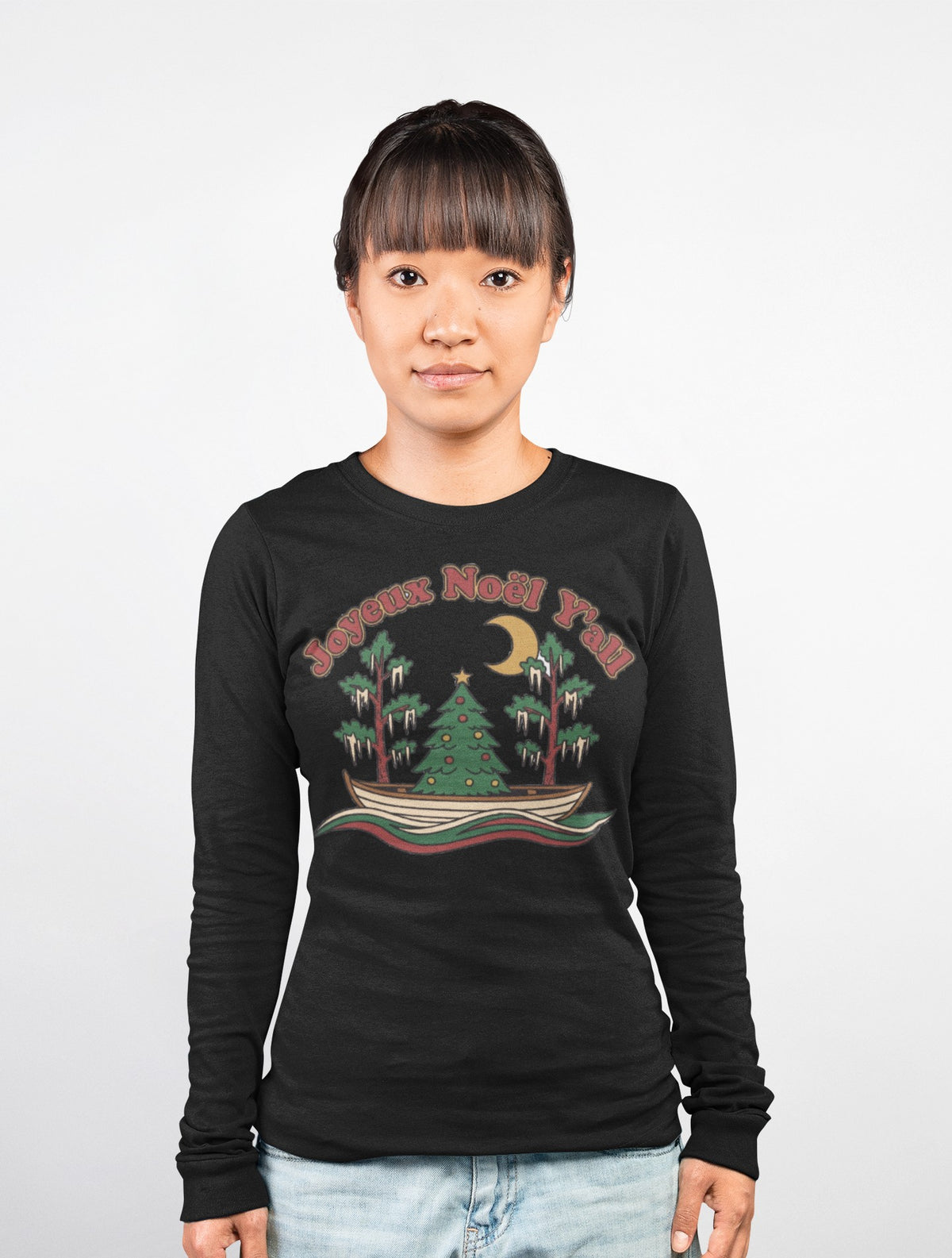 Christmas Long Sleeve Tee Joyeux Noel Y'all Bayou Pirogue Tree – Cajun Voodoo Cuisine