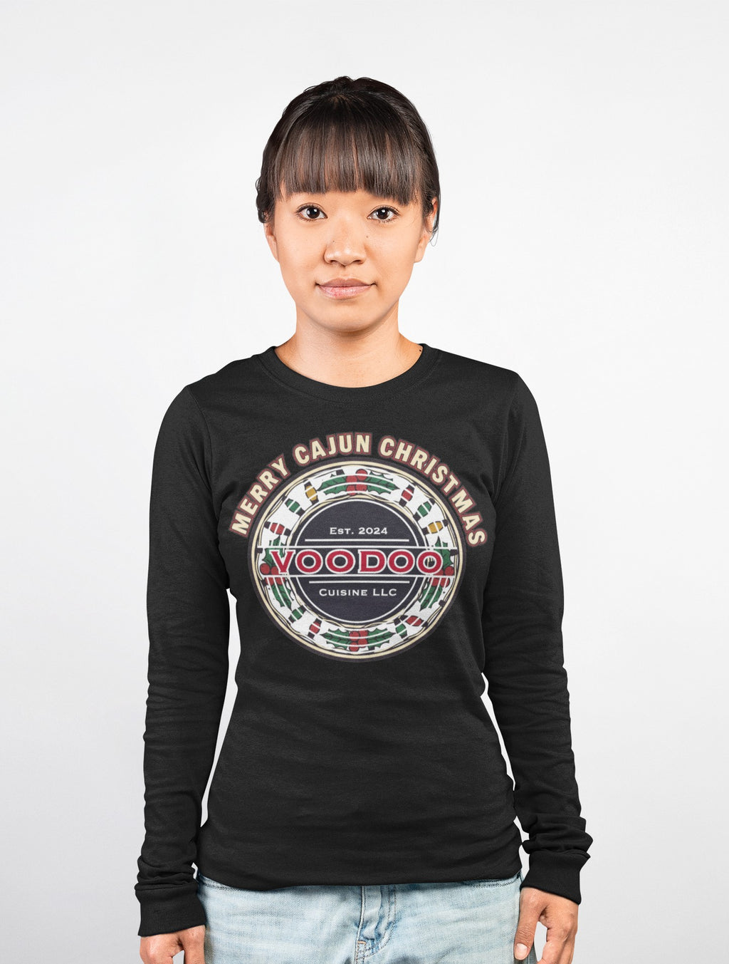 Christmas Long Sleeve Tee Cajun Seal Holly Lights – Merry Cajun Christmas Voodoo Cuisine