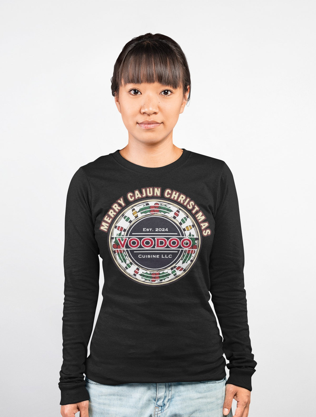 Christmas Long Sleeve Tee Cajun Seal Holly Lights – Merry Cajun Christmas Voodoo Cuisine