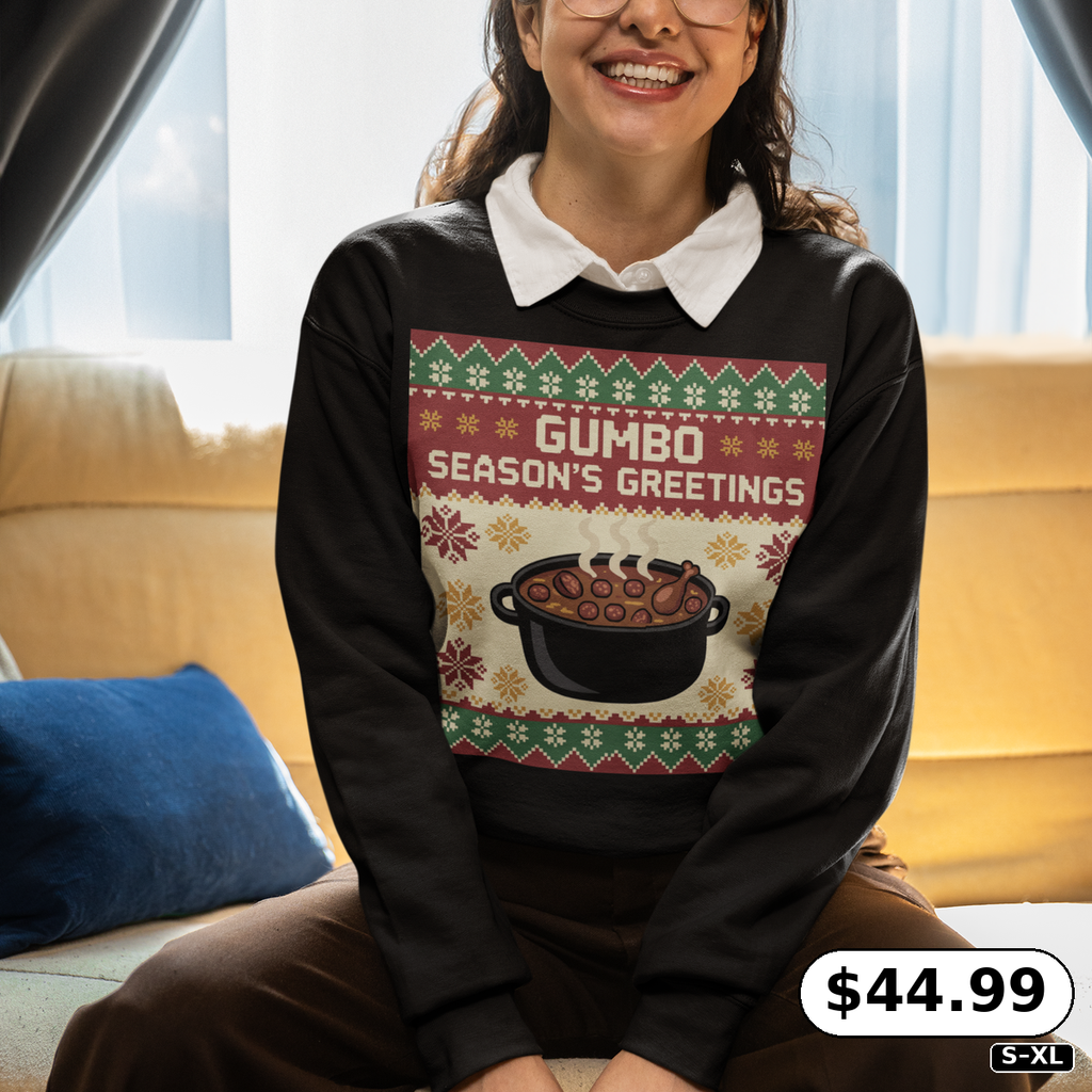 Ugly Christmas Sweater Crewneck Sweatshirt Gumbo Pot Chicken & Andouille – Cajun Voodoo Cuisine