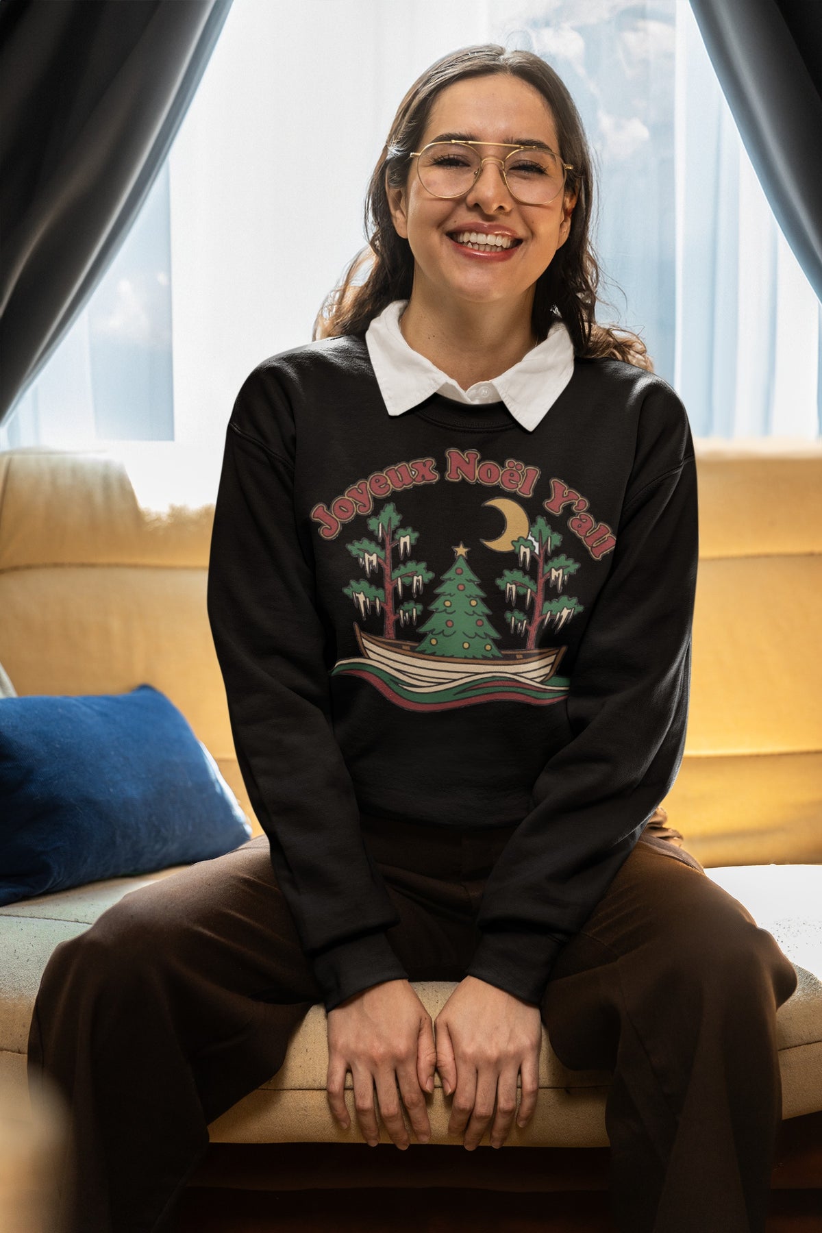 Christmas Crewneck Sweatshirt Joyeux Noel Y'all Bayou Pirogue Tree – Cajun Voodoo Cuisine