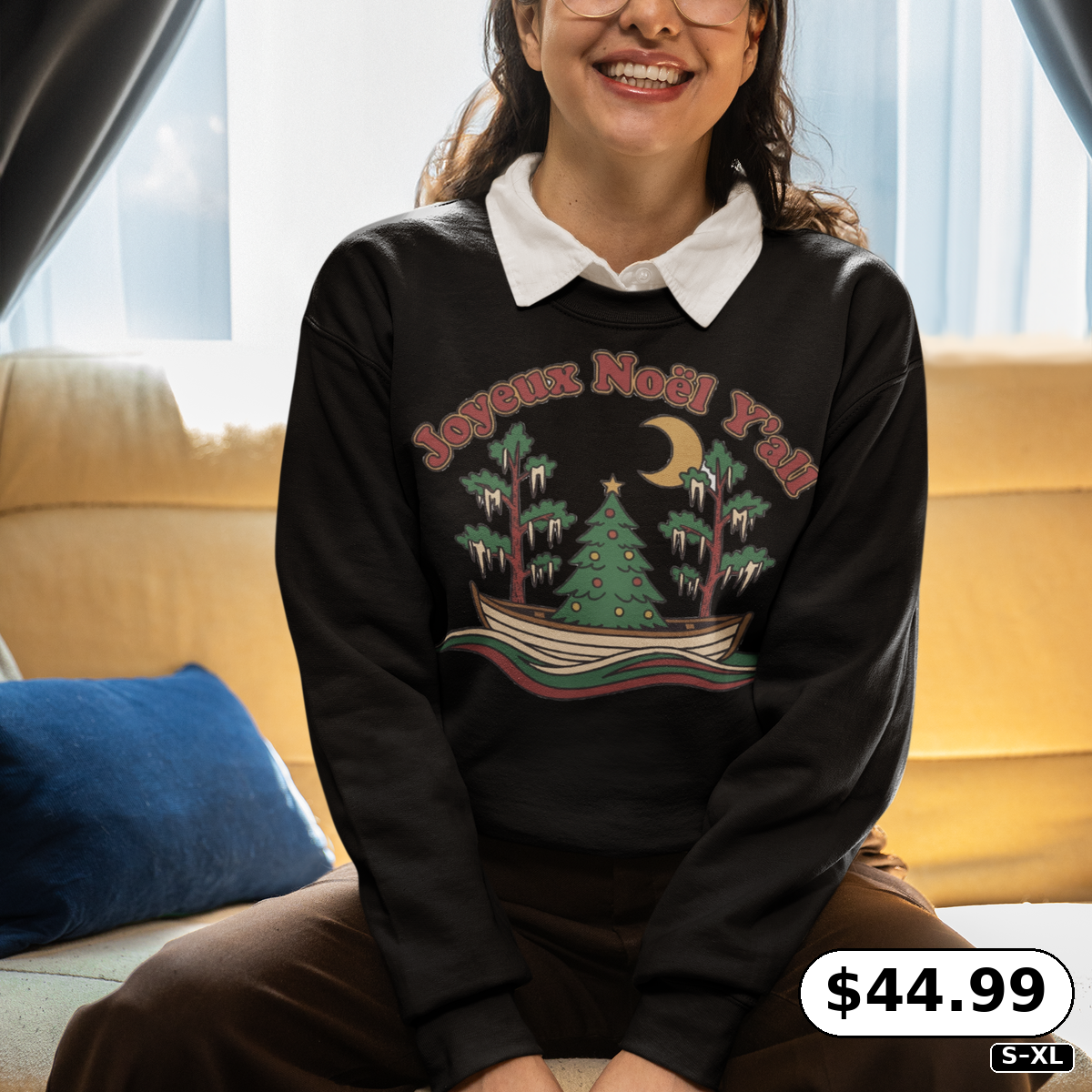 Christmas Crewneck Sweatshirt Joyeux Noel Y'all Bayou Pirogue Tree – Cajun Voodoo Cuisine