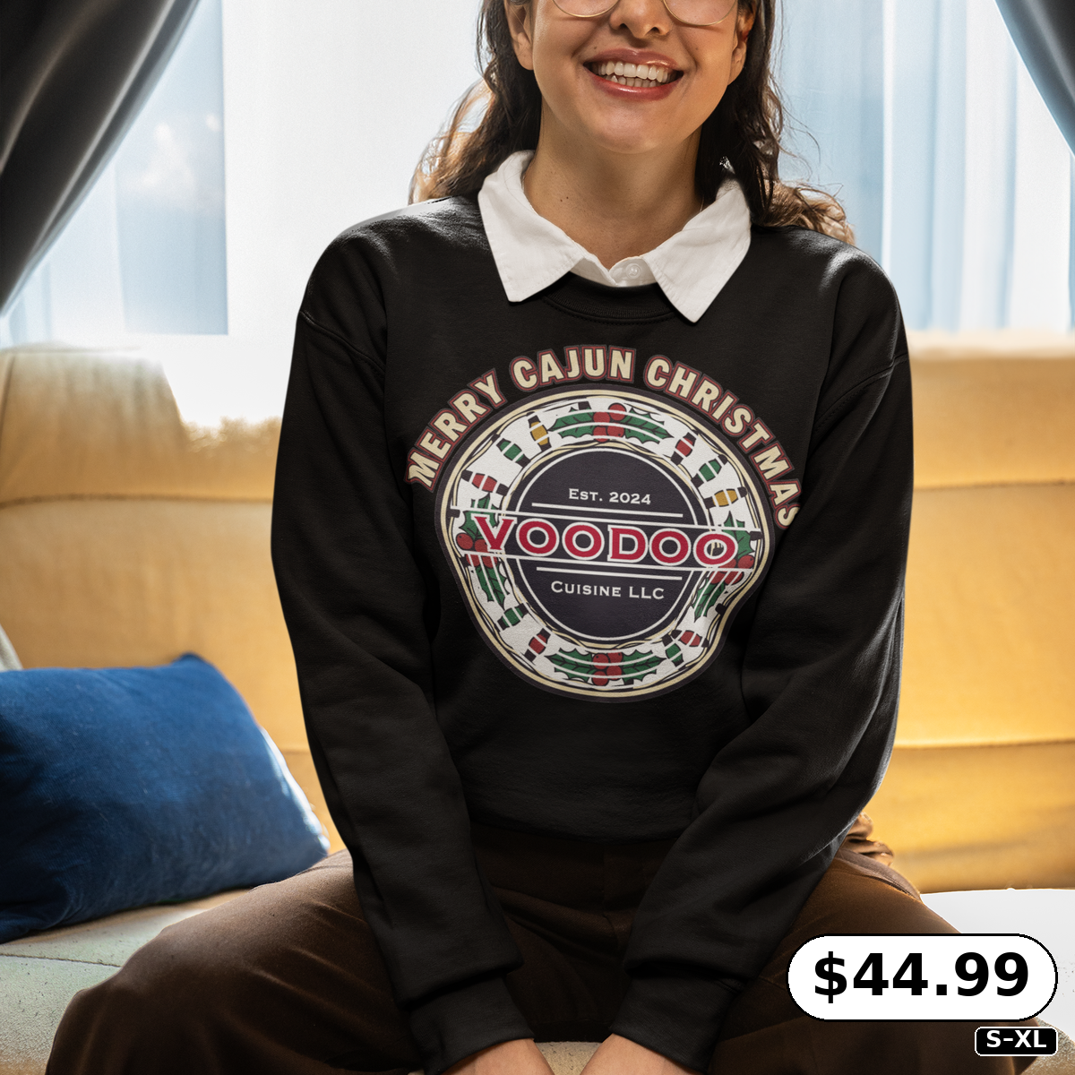 Christmas Crewneck Sweatshirt Cajun Seal Holly Lights – Merry Cajun Christmas Voodoo Cuisine