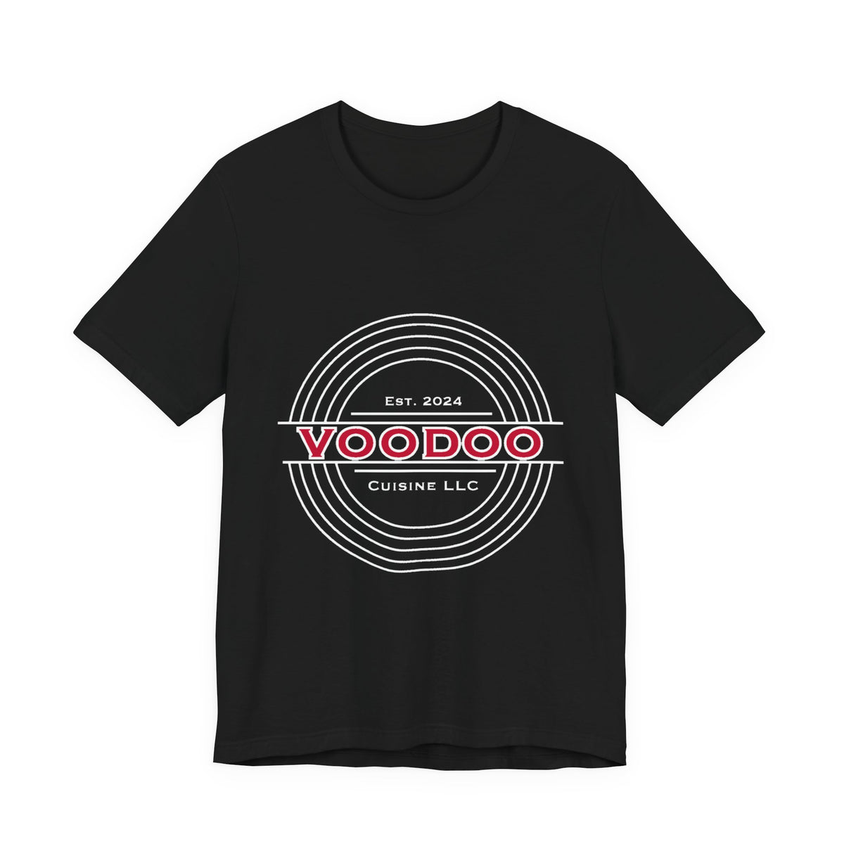 Voodoo Cuisine Everyday | Left-chest + Full-back Seal Bella+Canvas 3001 Tee (Black)