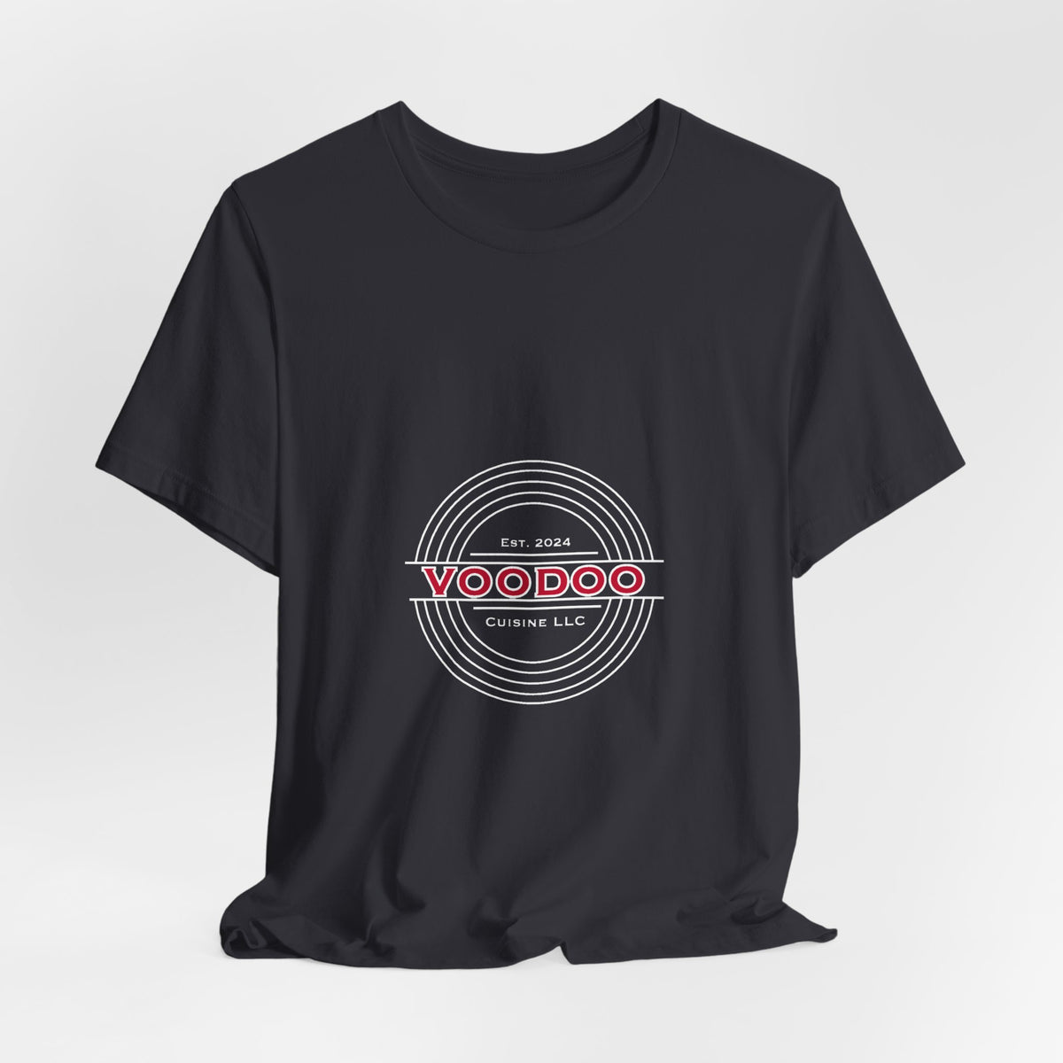 Voodoo Cuisine Everyday Tee — Left Chest Logo (Navy / Dark Grey / Forest / Maroon)
