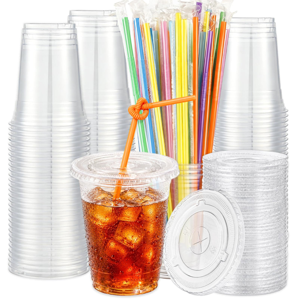 Clear 16oz cups with lids and straws 100 pack