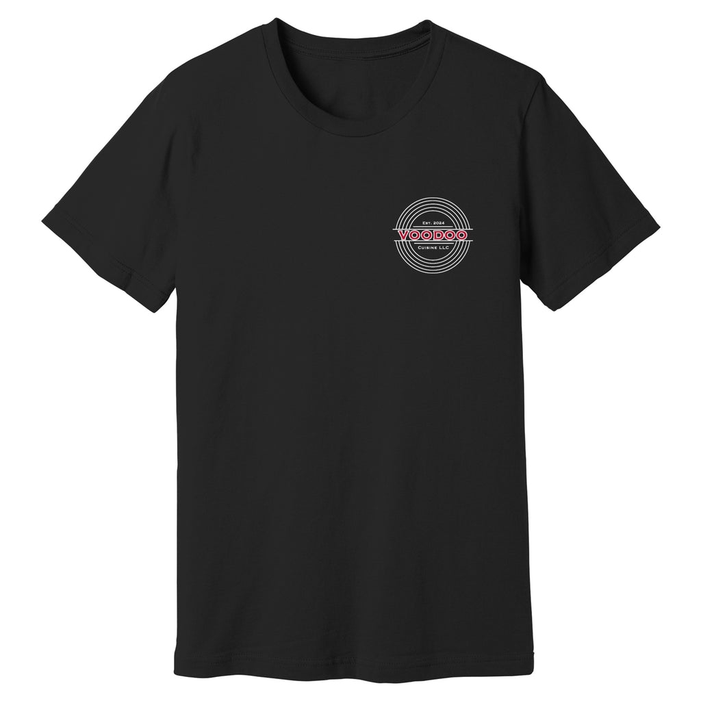 Voodoo Cuisine Everyday Bella+Canvas 3001 Tee, Black, front with left-chest seal
