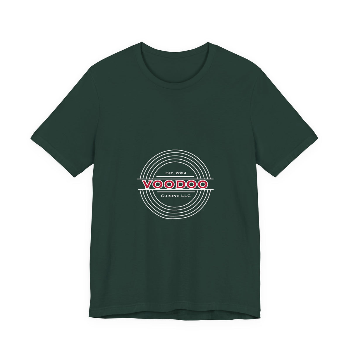 Voodoo Cuisine Everyday Tee — Left Chest Logo (Navy / Dark Grey / Forest / Maroon)