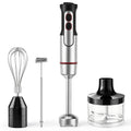 Immersion hand blender set with whisk, milk frother, and chopper bowl