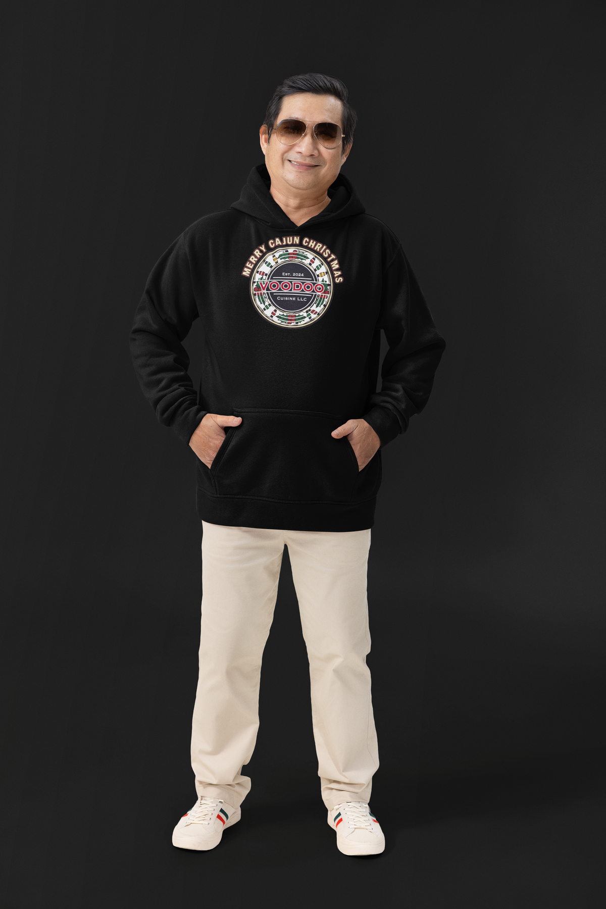 Cajun Christmas Seal hoodie black on-model