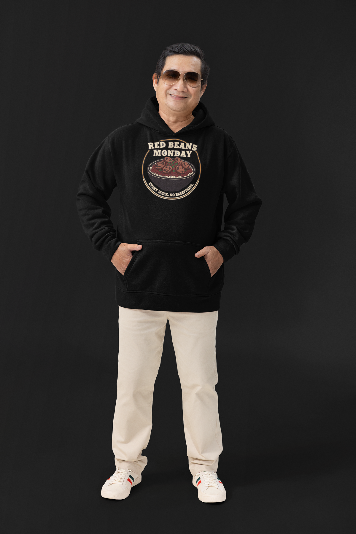 Red Beans Monday hoodie black on-model